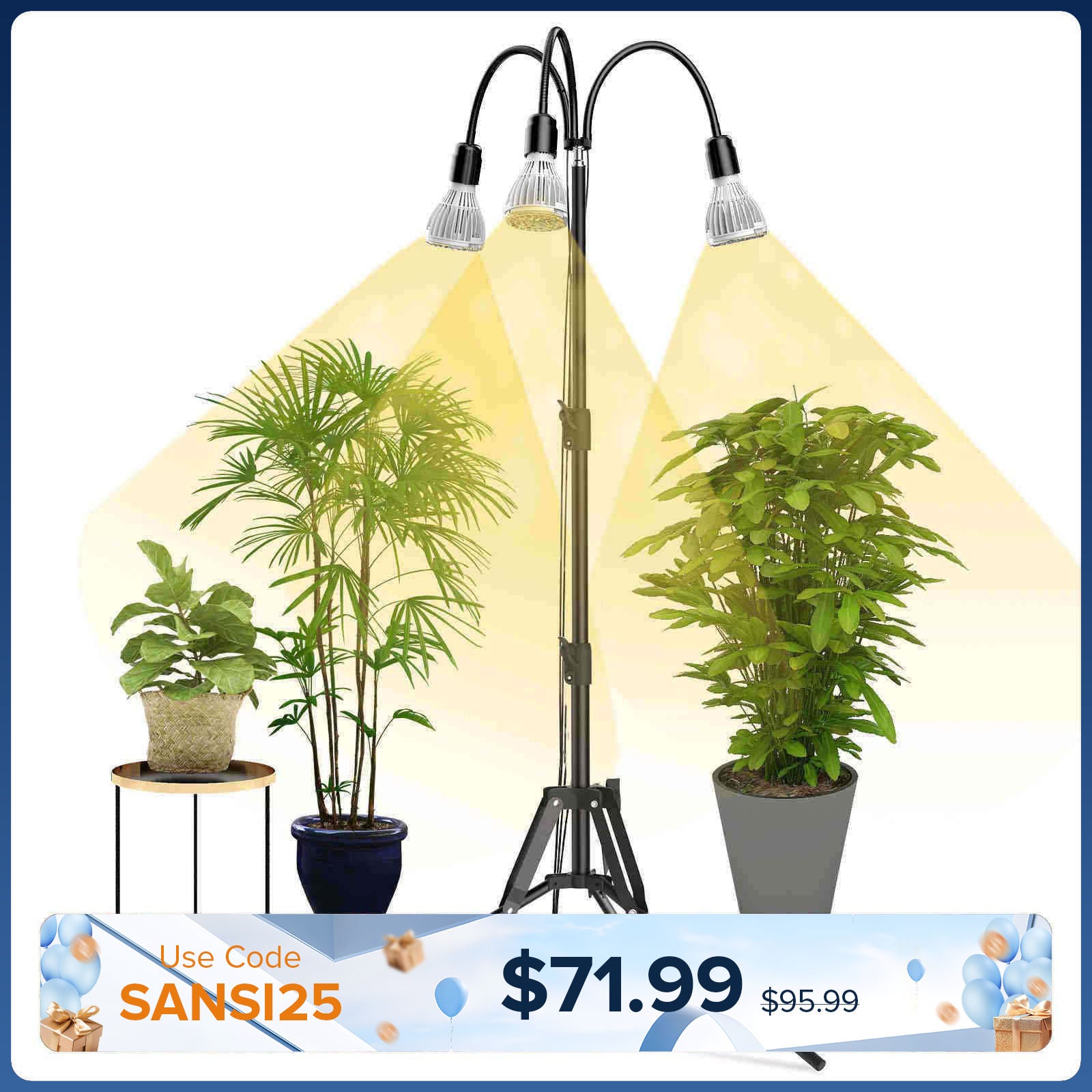 SANSI Lampe de culture multi-têtes améliorée 96W avec trépied réglable (US/CA UNIQUEMENT)