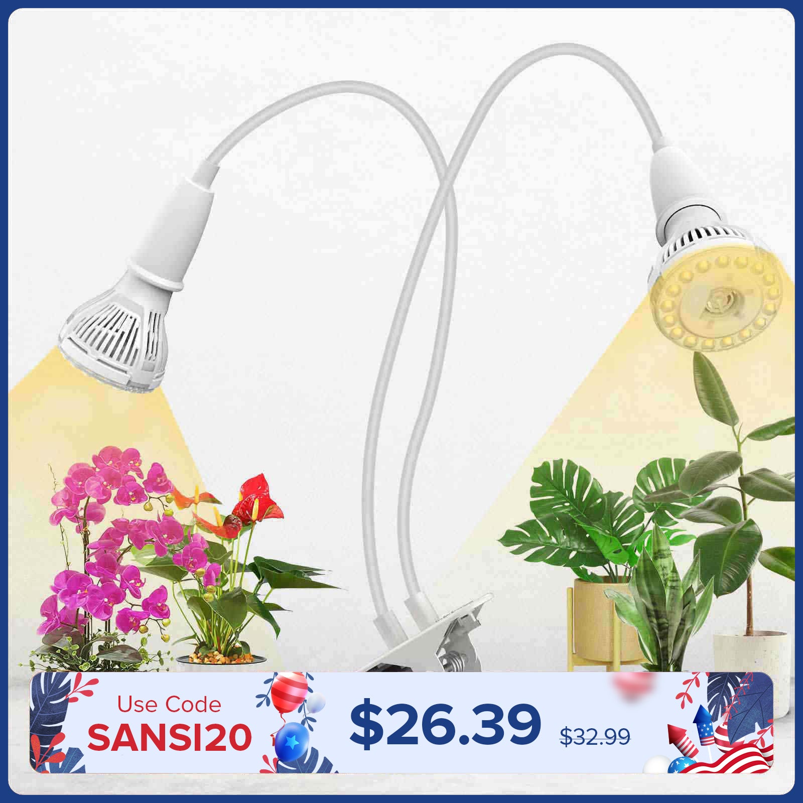 20W Adjustable 2-Head Clip-on LED Grow Light