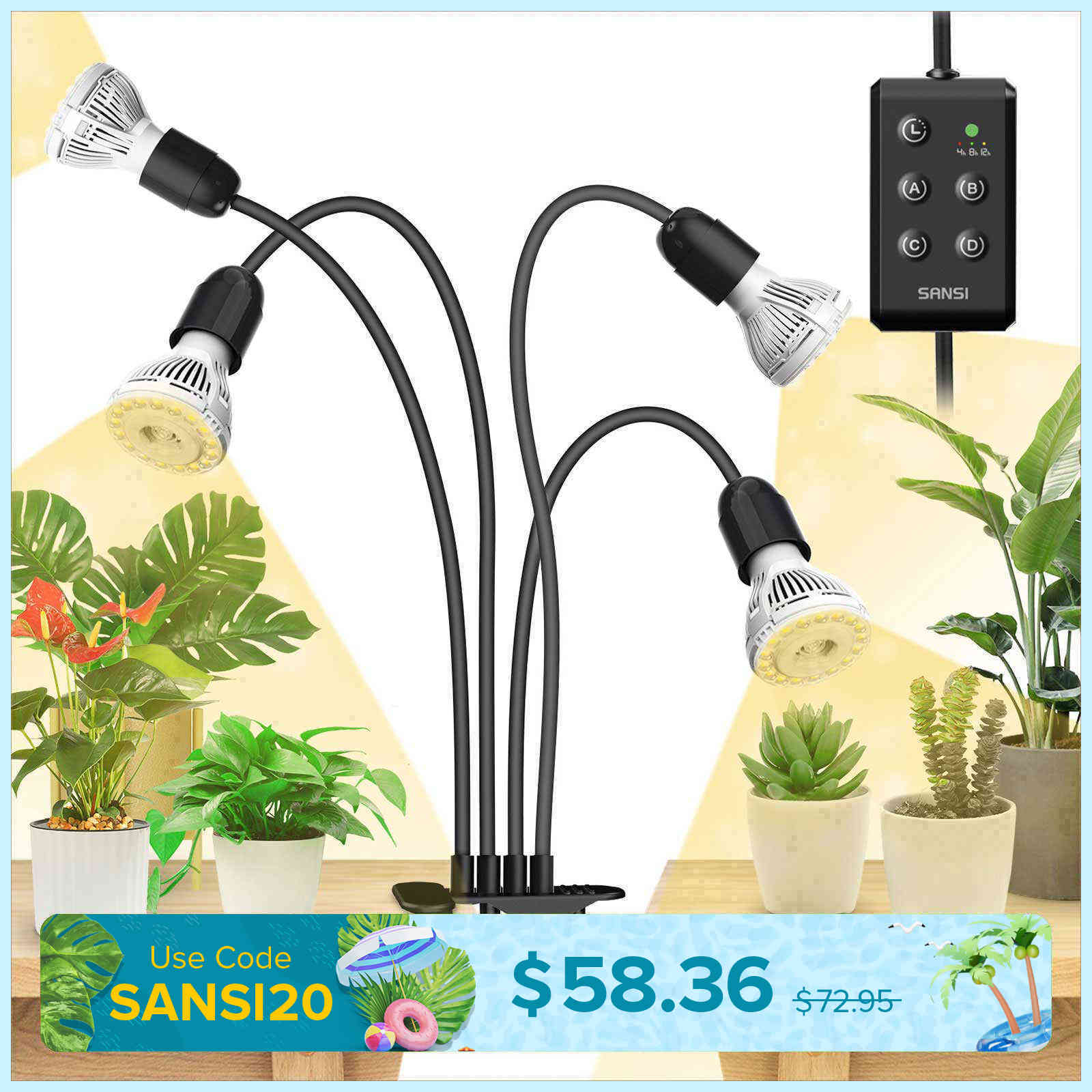 40W Adjustable 4-Head Clip-on LED Grow Light with Timer/No Timer