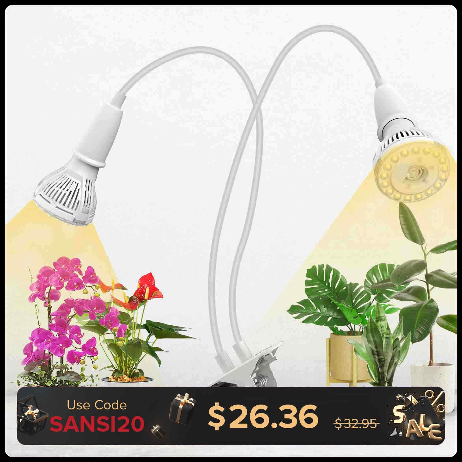 20W Adjustable 2-Head Clip-on LED Grow Light