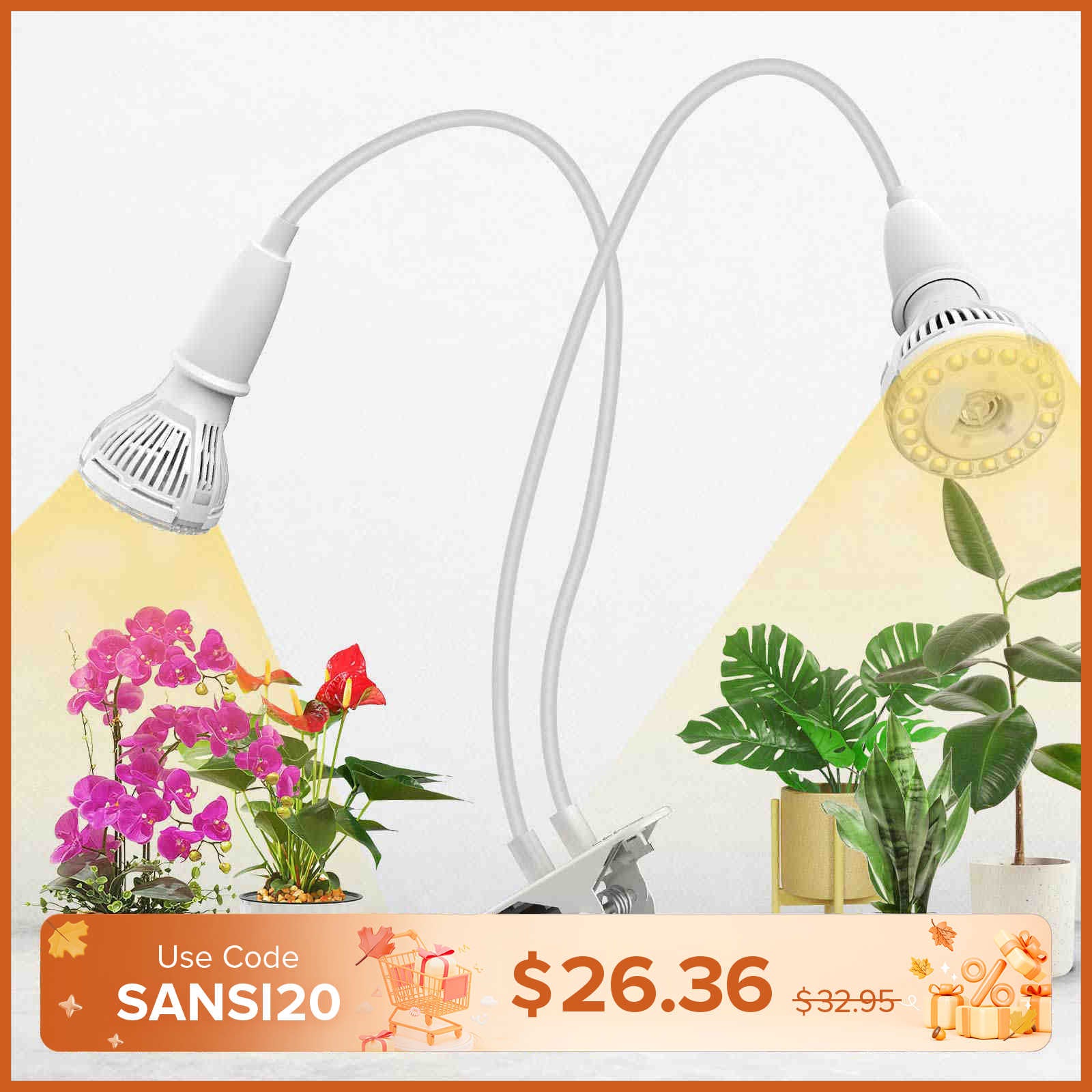 20W Adjustable 2-Head Clip-on LED Grow Light