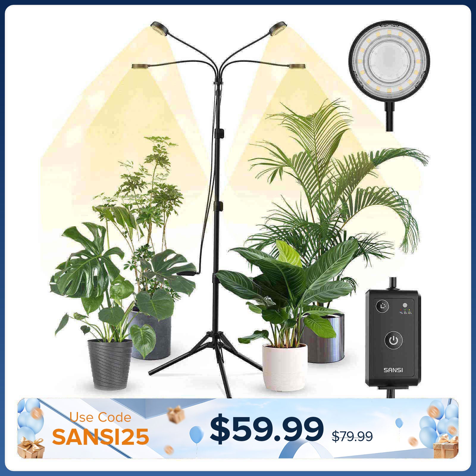 Lampe de culture trépied ajustable 4 têtes 40W SANSI avec télécommande