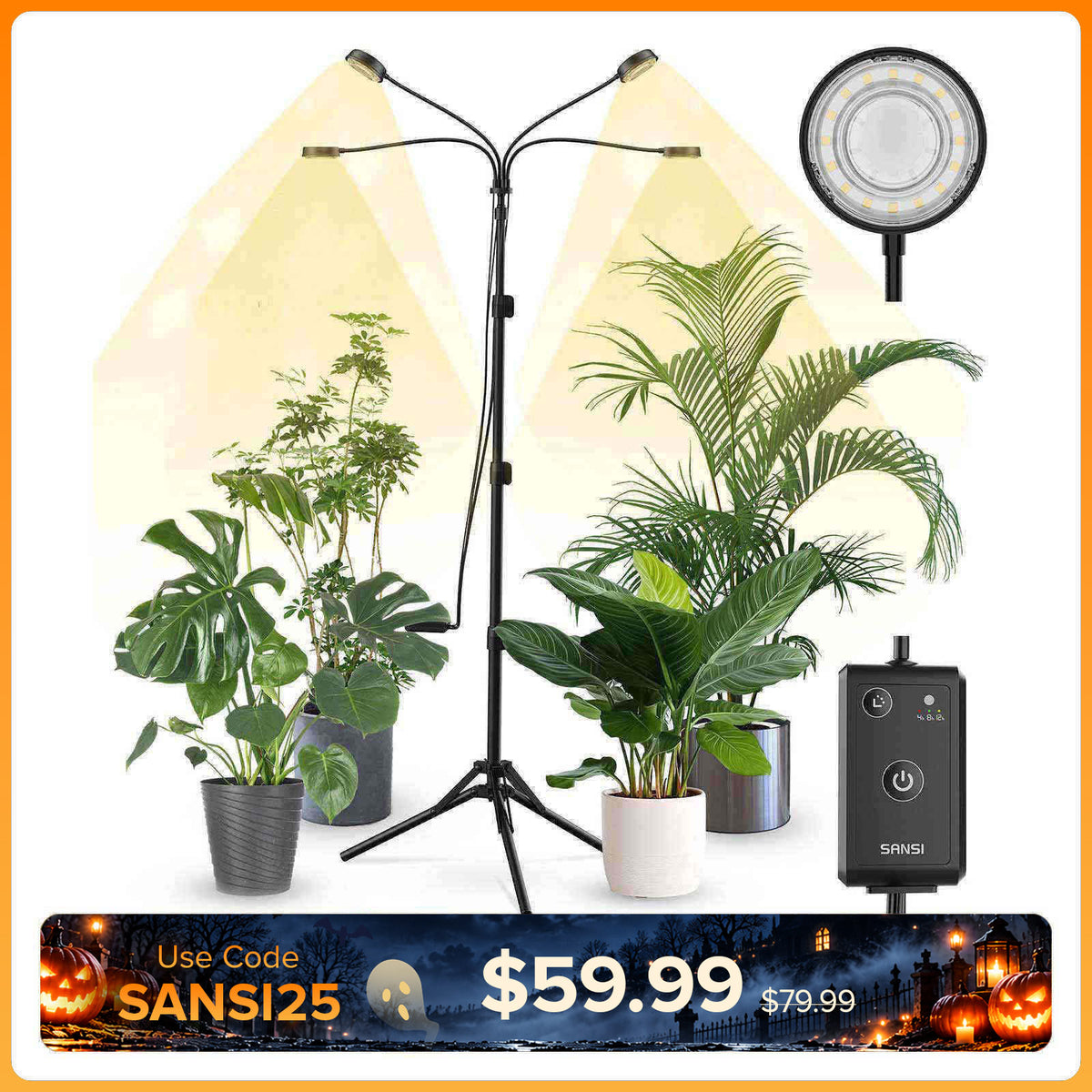 SANSI 40W 4-Kopf verstellbare Stativ-Pflanzenlampe mit Fernbedienung