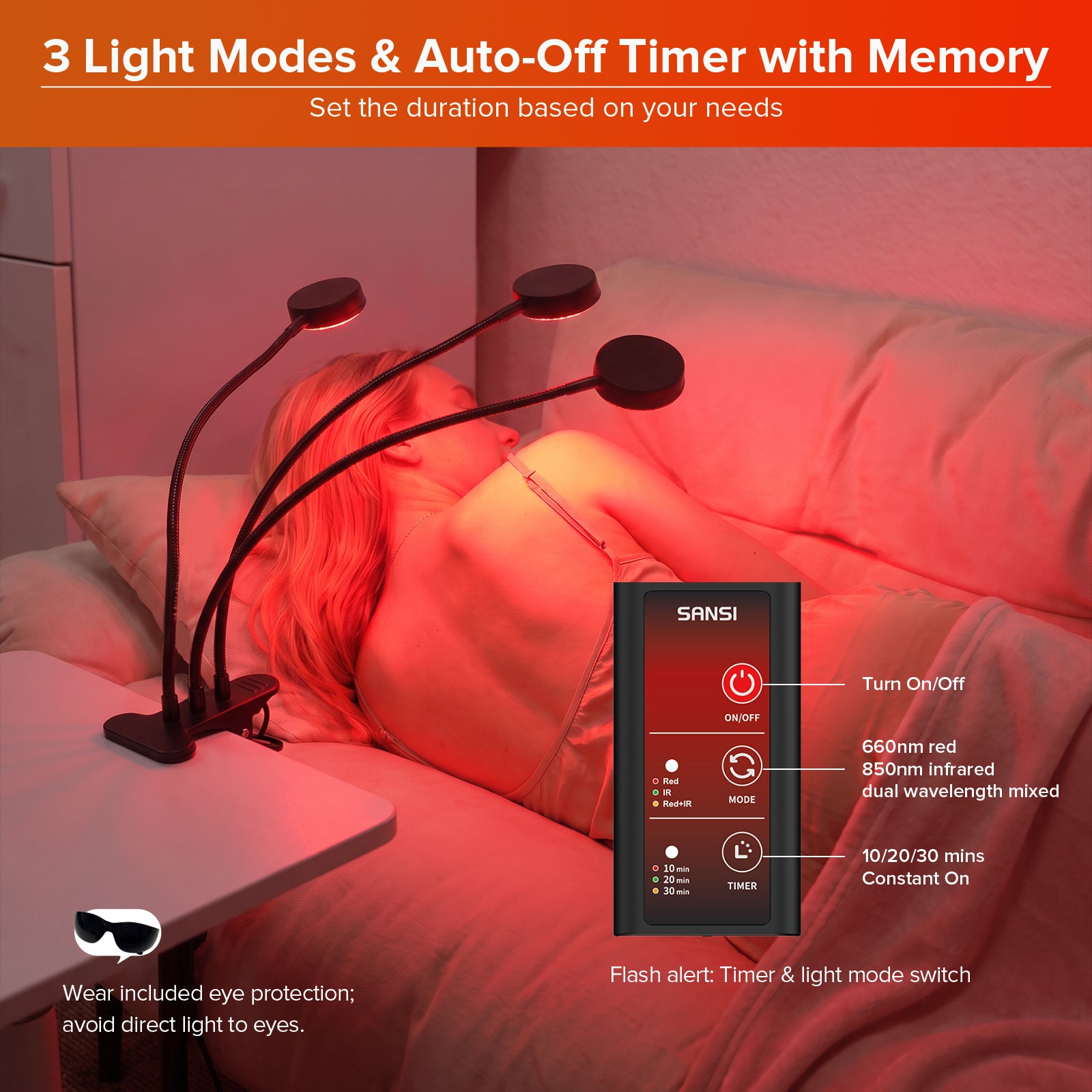 SANSI 40W Adjustable 3-Head Clip-on Red Therapy Light for Body Face