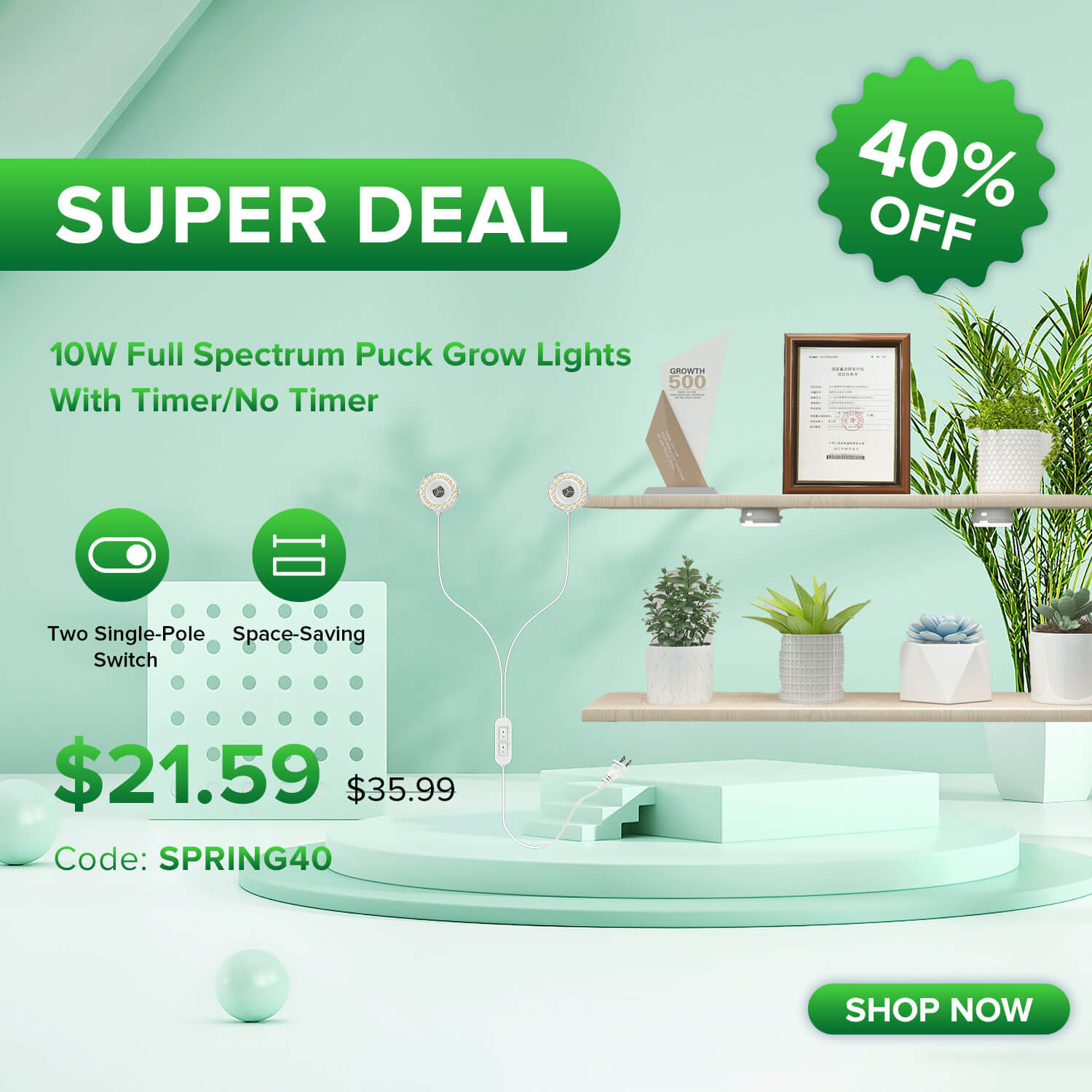 SUPER DEAL 40% OFF for 10W Full Spectrum Puck Grow LightsWith Timer/No Timer