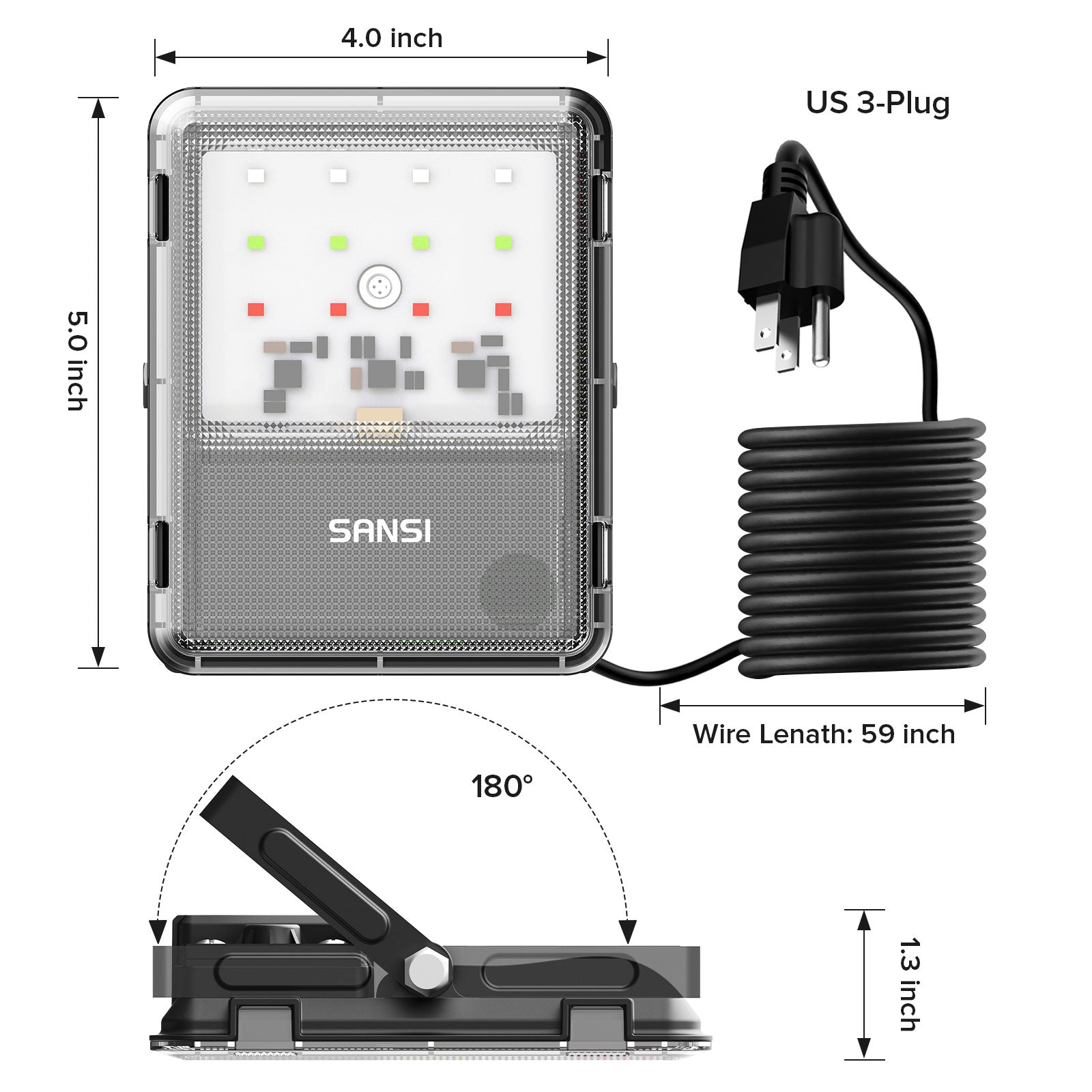 Size information and plug information for 40W RGB Led Flood Light (US ONLY) .