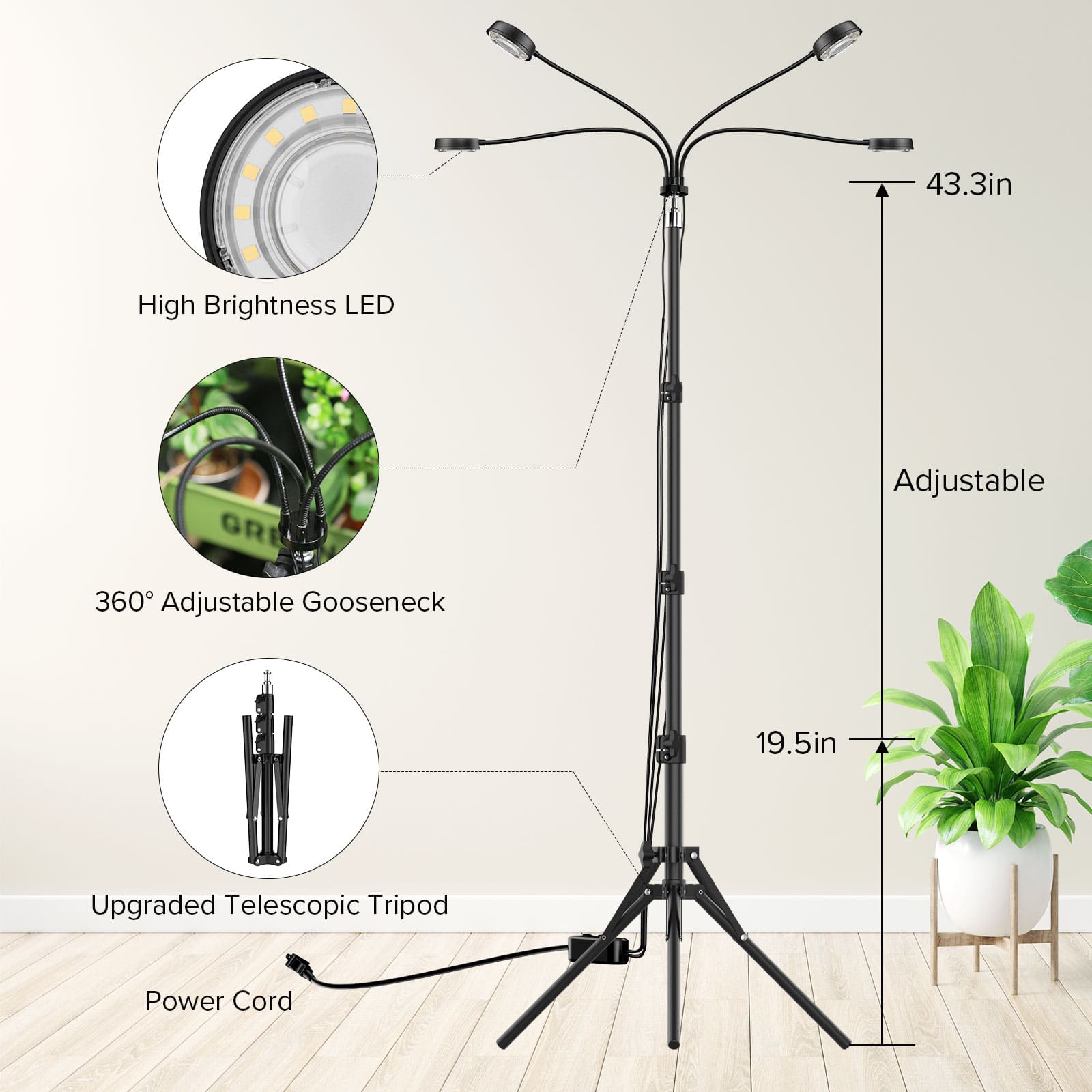 30W 3-Head Adjustable Tripod Stand Grow Light with Remote Control，with a height adjustment range from 19.5 to 43.3 inches.