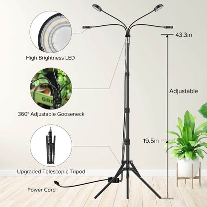 30W 3-Head Adjustable Tripod Stand Grow Light with Remote Control，with a height adjustment range from 19.5 to 43.3 inches.