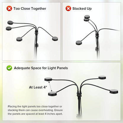 40W 4-Head Adjustable Tripod Stand Grow Light with Remote Control,placing the light panels too close together or stacking them can cause overheating. Ensure the panels are spaced at least 4 inches apart.