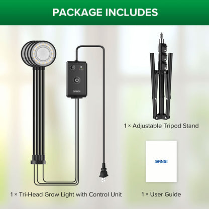 40W 4-Head Adjustable Tripod Stand Grow Light with Remote Control，package includes 1x tri-head grow light with control unit, 1x adjustable tripod stand and 1x user guide.