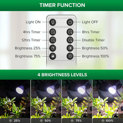 40W Adjustable Tripod Stand Remote Control Grow Light, with timer function and 4 brightness levels.