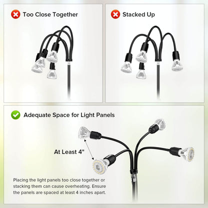 Usage Guidelines for 40W Adjustable Tripod Stand Remote Control Grow Light: placing the light panels too close together or stacking them can cause overheating. Ensure the panels are spaced at least 4 inches apart.
