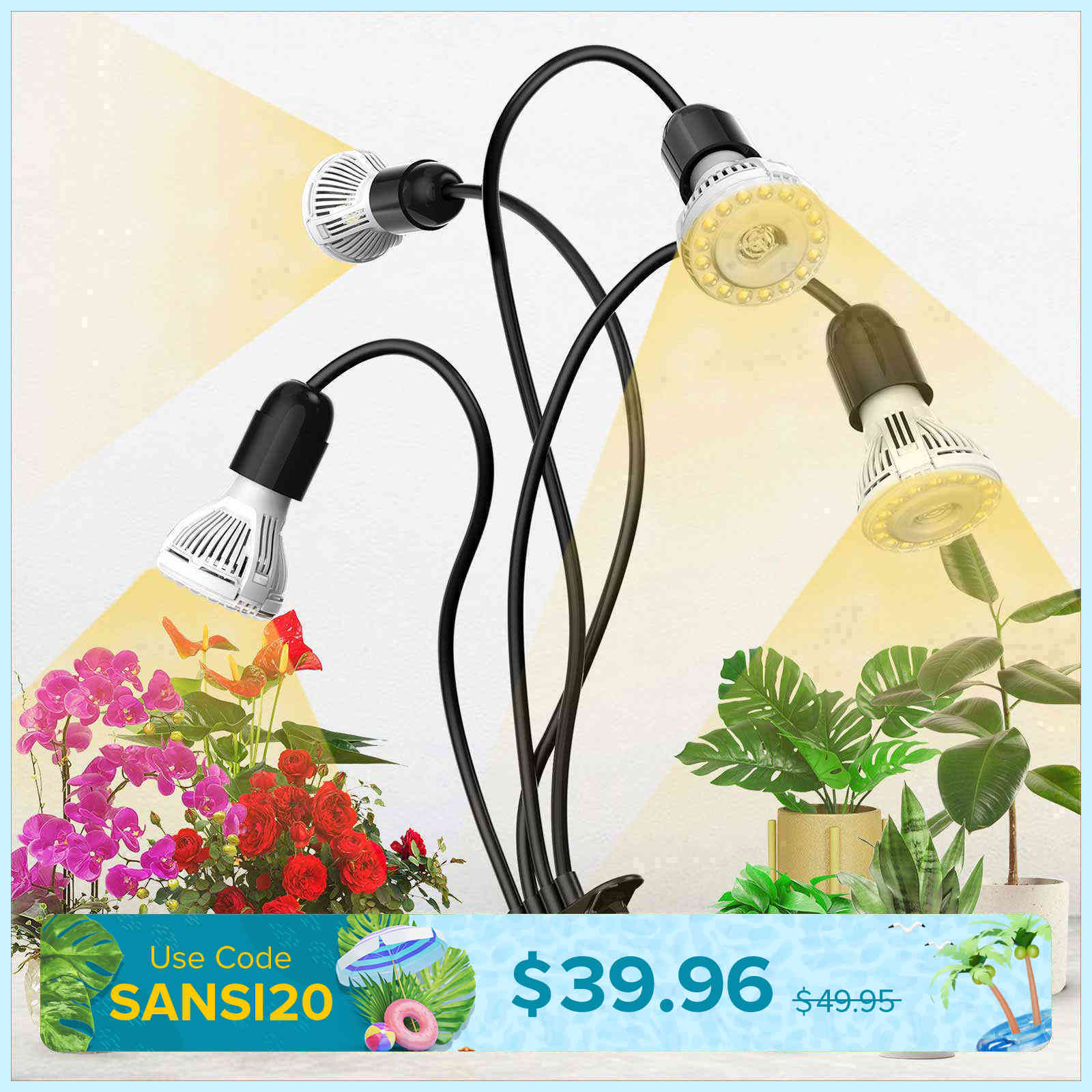 40W Adjustable 4-Head Clip-on LED Grow Light with Timer/No Timer
