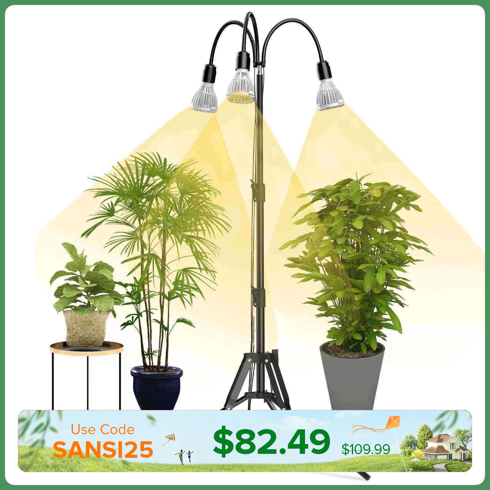 SANSI Upgraded 90W Multi-head Grow Light with Adjustable Tripod Stand