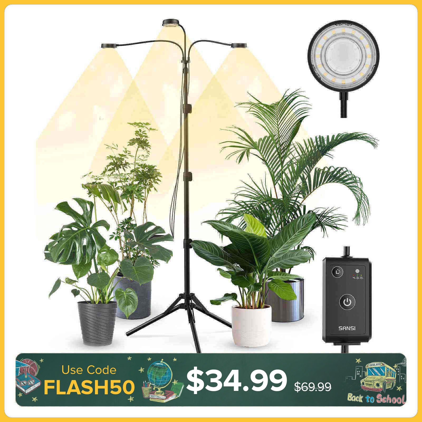 SANSI 30W 3-Head Adjustable Tripod Stand Grow Light with Remote Control