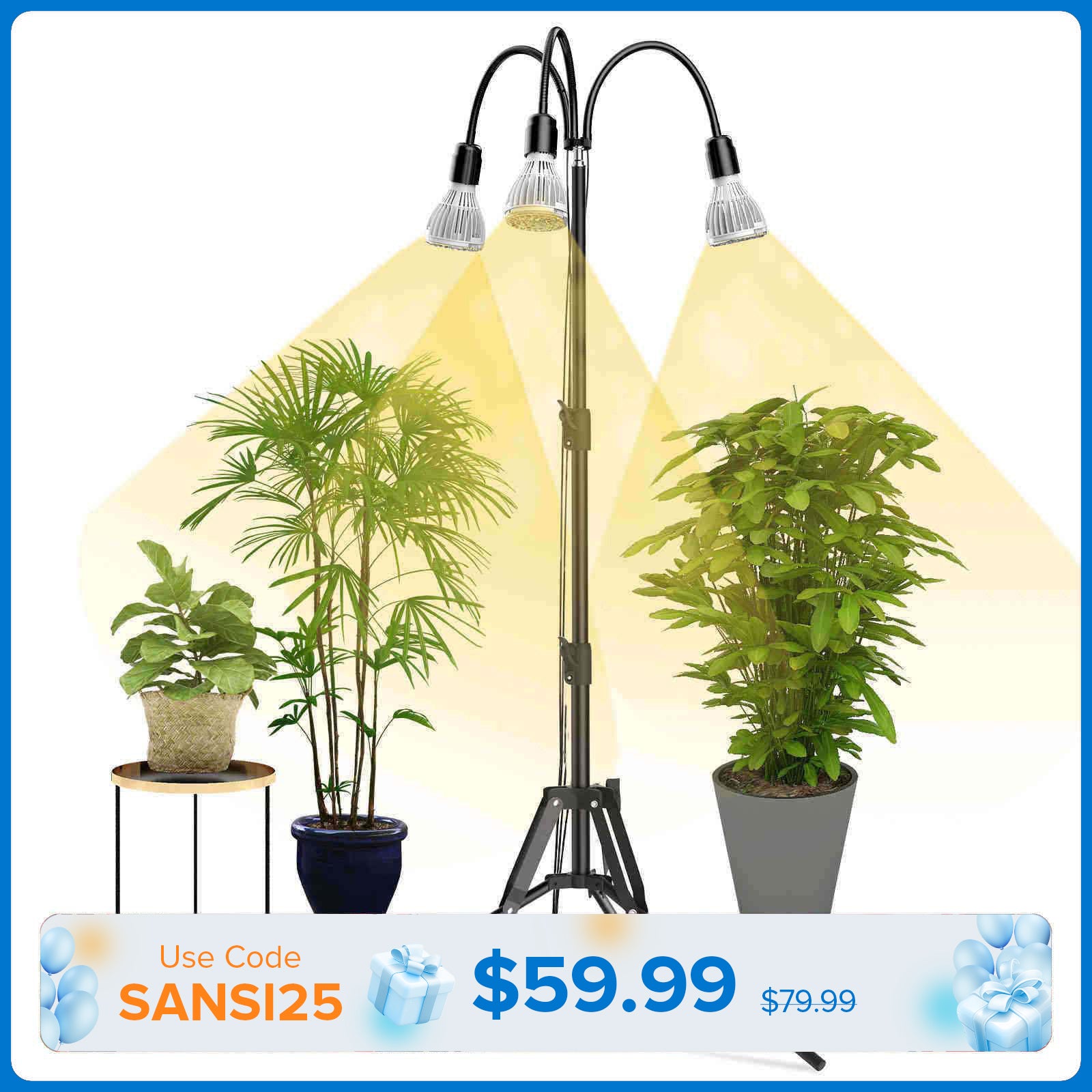 SANSI Upgraded 90W Multi-head Grow Light with Adjustable Tripod Stand