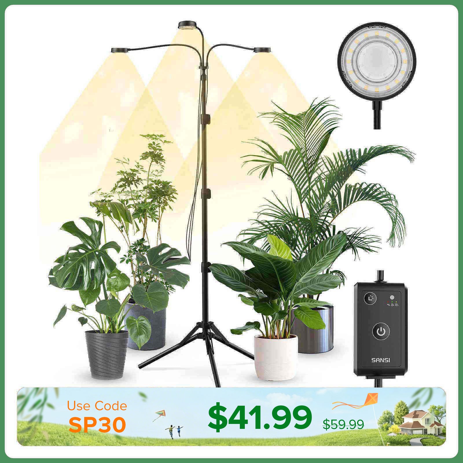 SANSI 30W 3-Head Adjustable Tripod Stand Grow Light with Remote Control