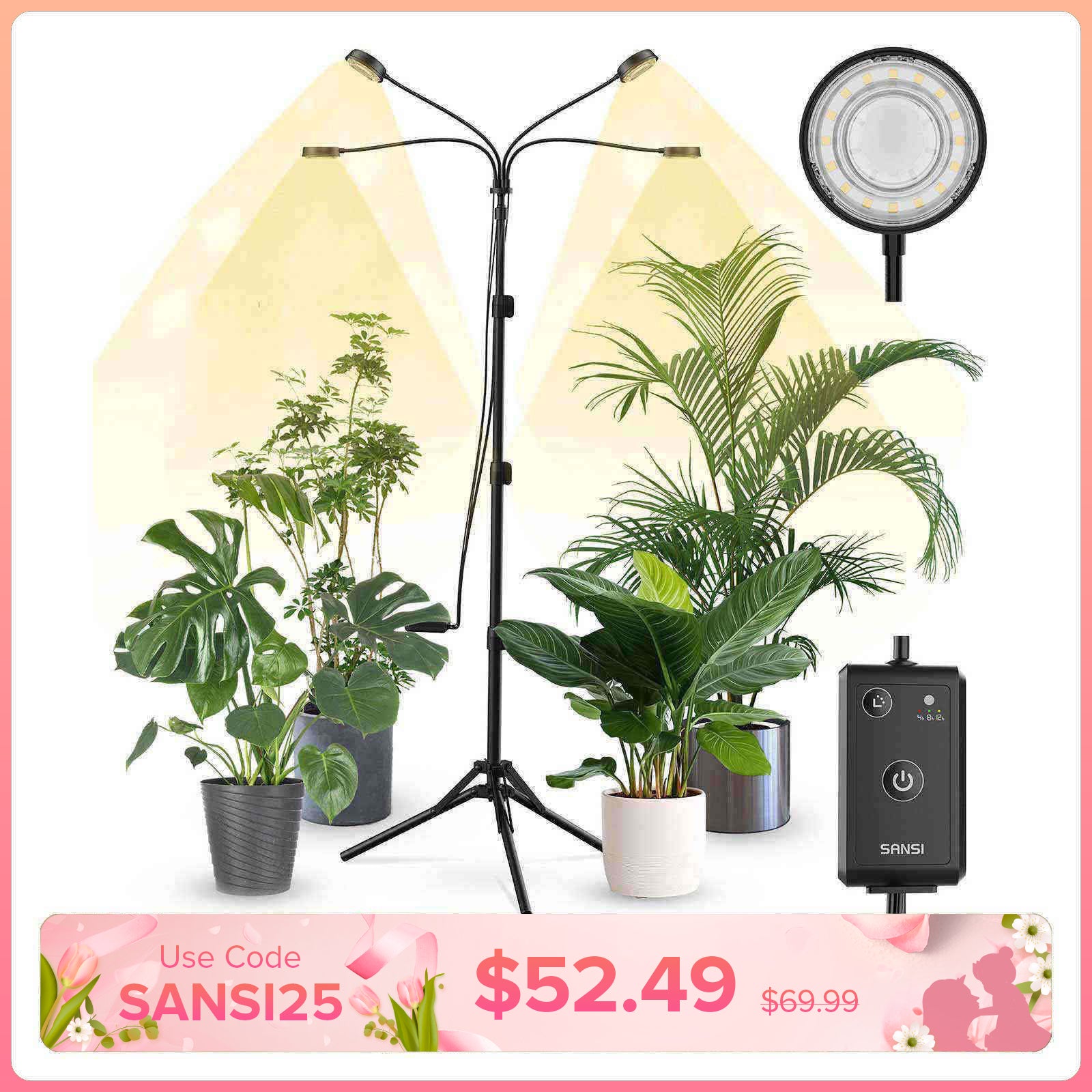 SANSI 40W 4-Kopf verstellbare Stativ-Pflanzenlampe mit Fernbedienung