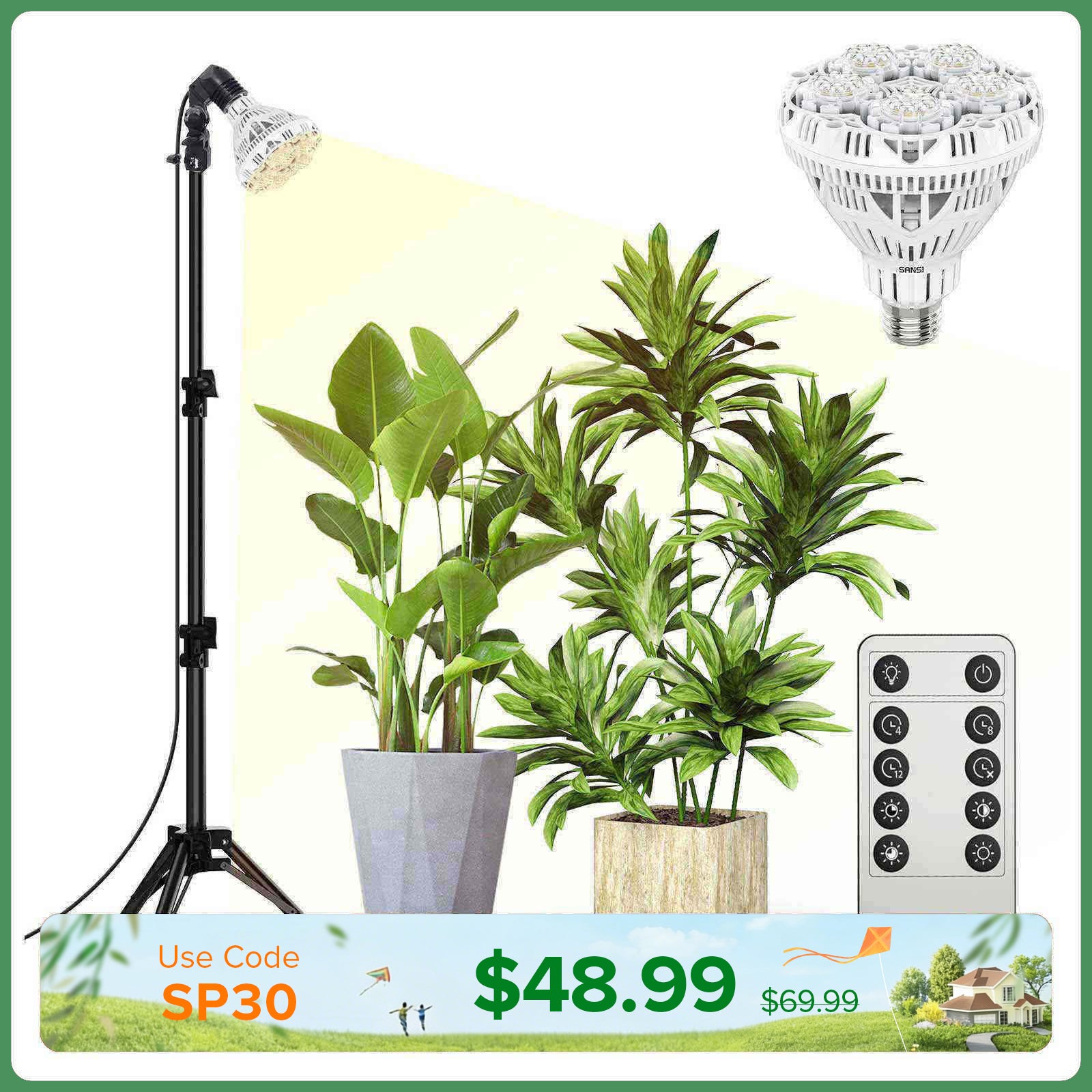BR30 30W Adjustable Tripod Stand Grow Light with Remote Control (US/CA ONLY)