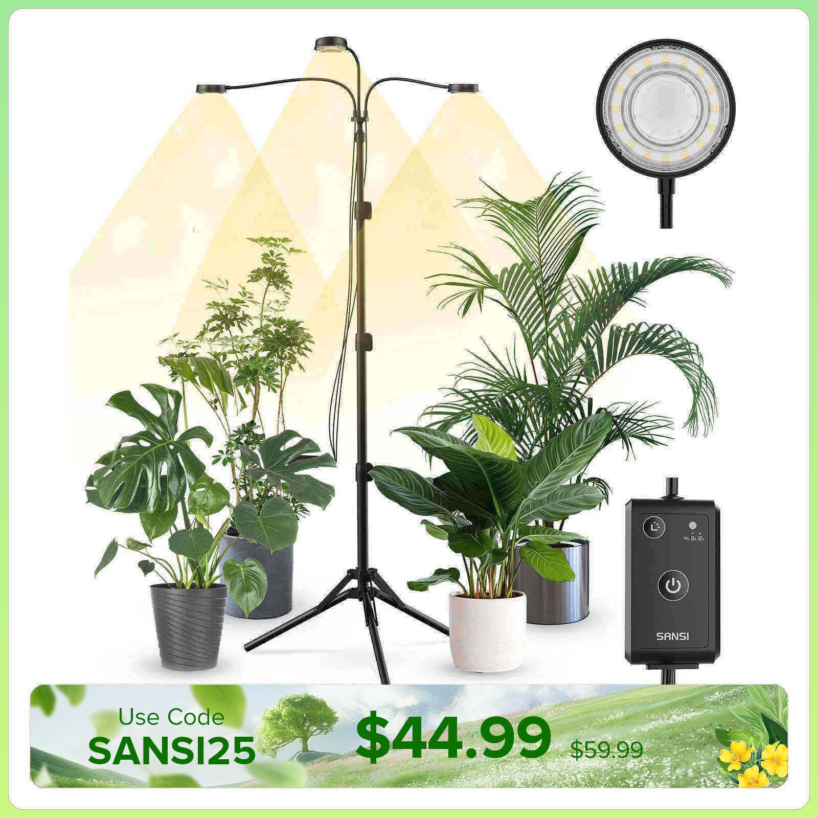 SANSI 30W 3-Head Adjustable Tripod Stand Grow Light with Remote Control