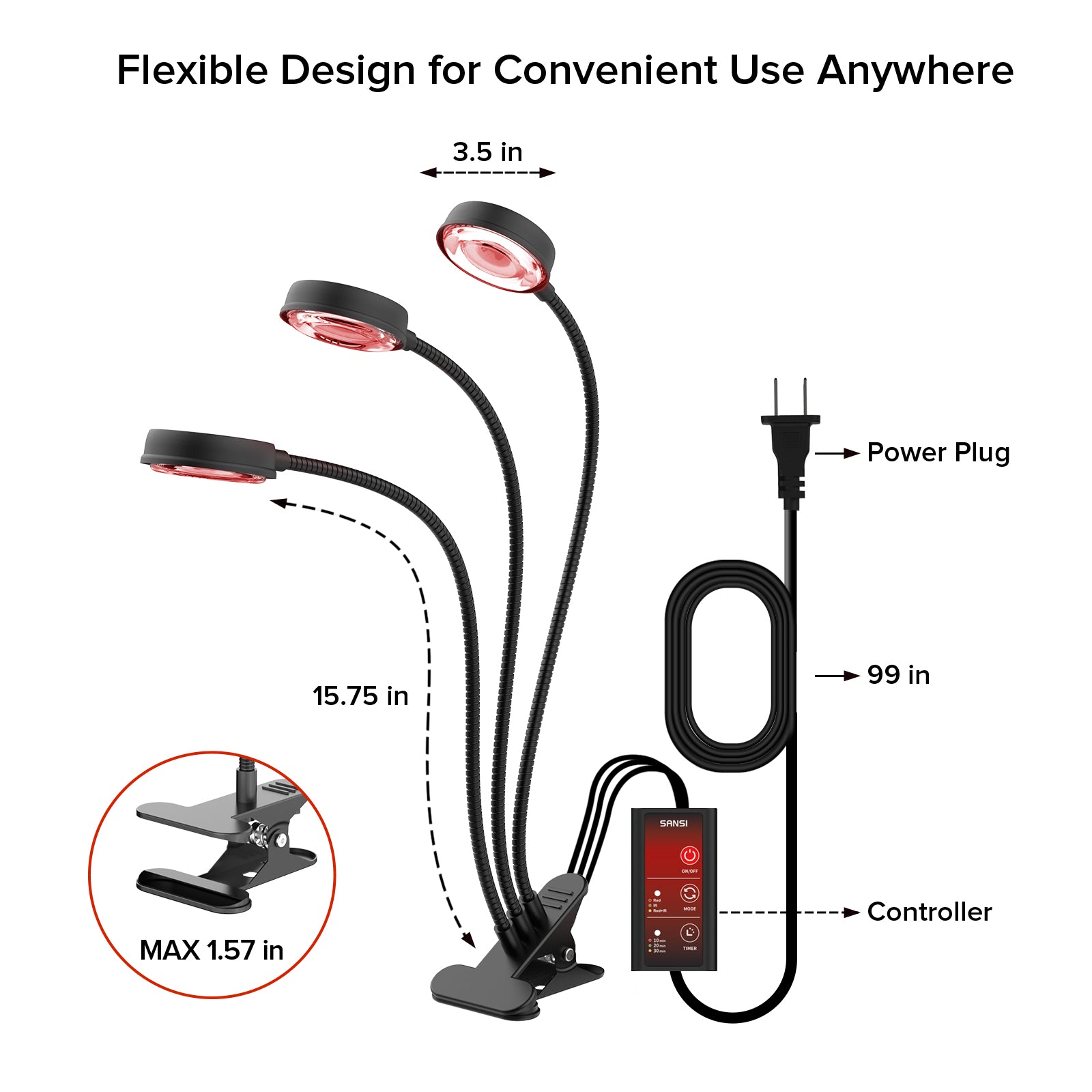 SANSI 40W Adjustable 3-Head Clip-on Red Therapy Light for Body Face