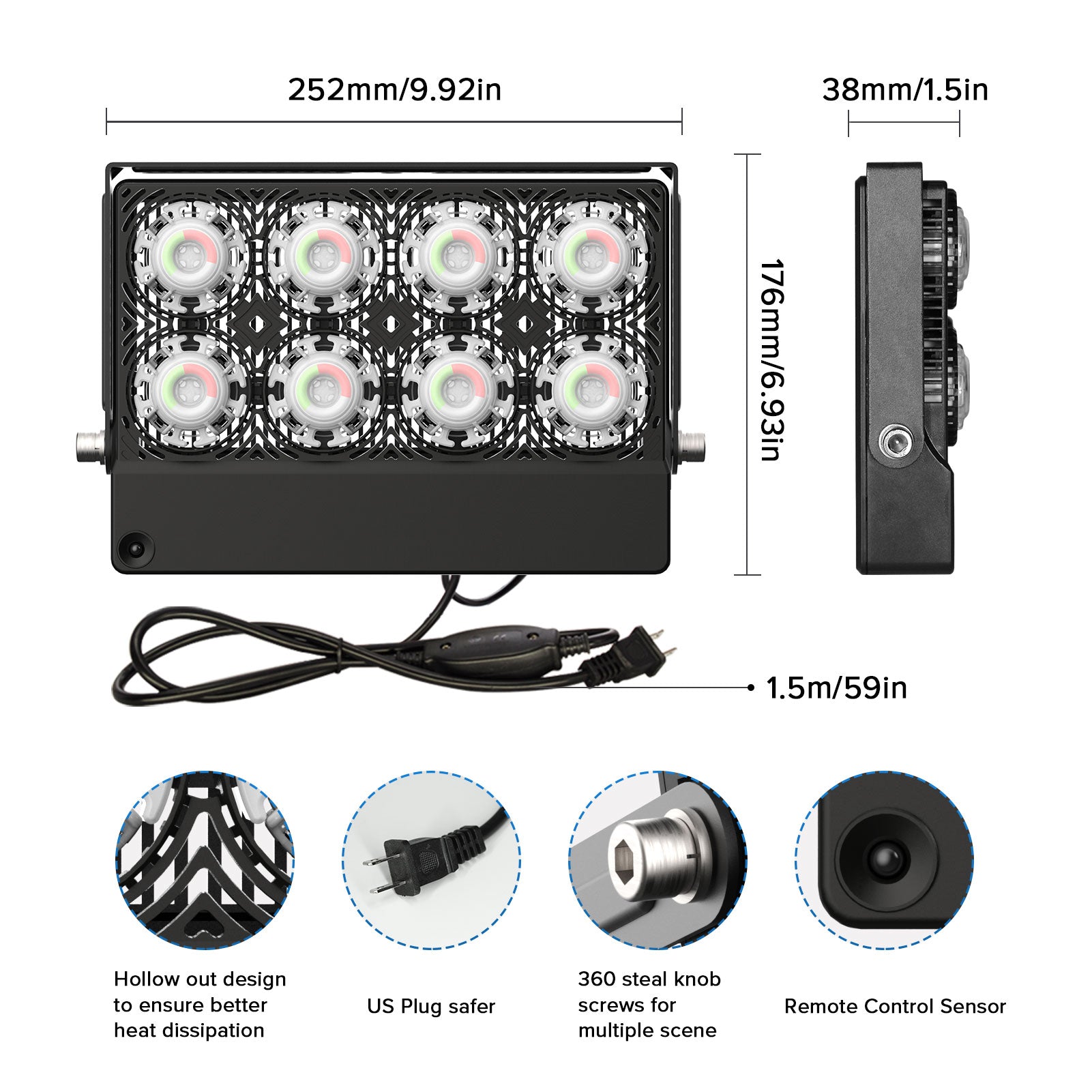 Size information and plug information for 50W RGB LED Flood Light (US, CA ONLY).