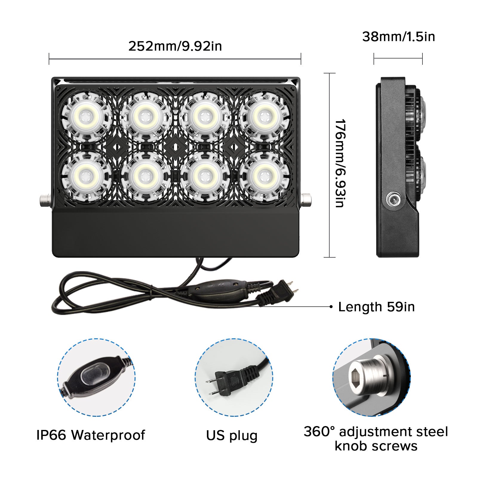 Size information and plug information for 50W LED Flood Light (US ONLY).