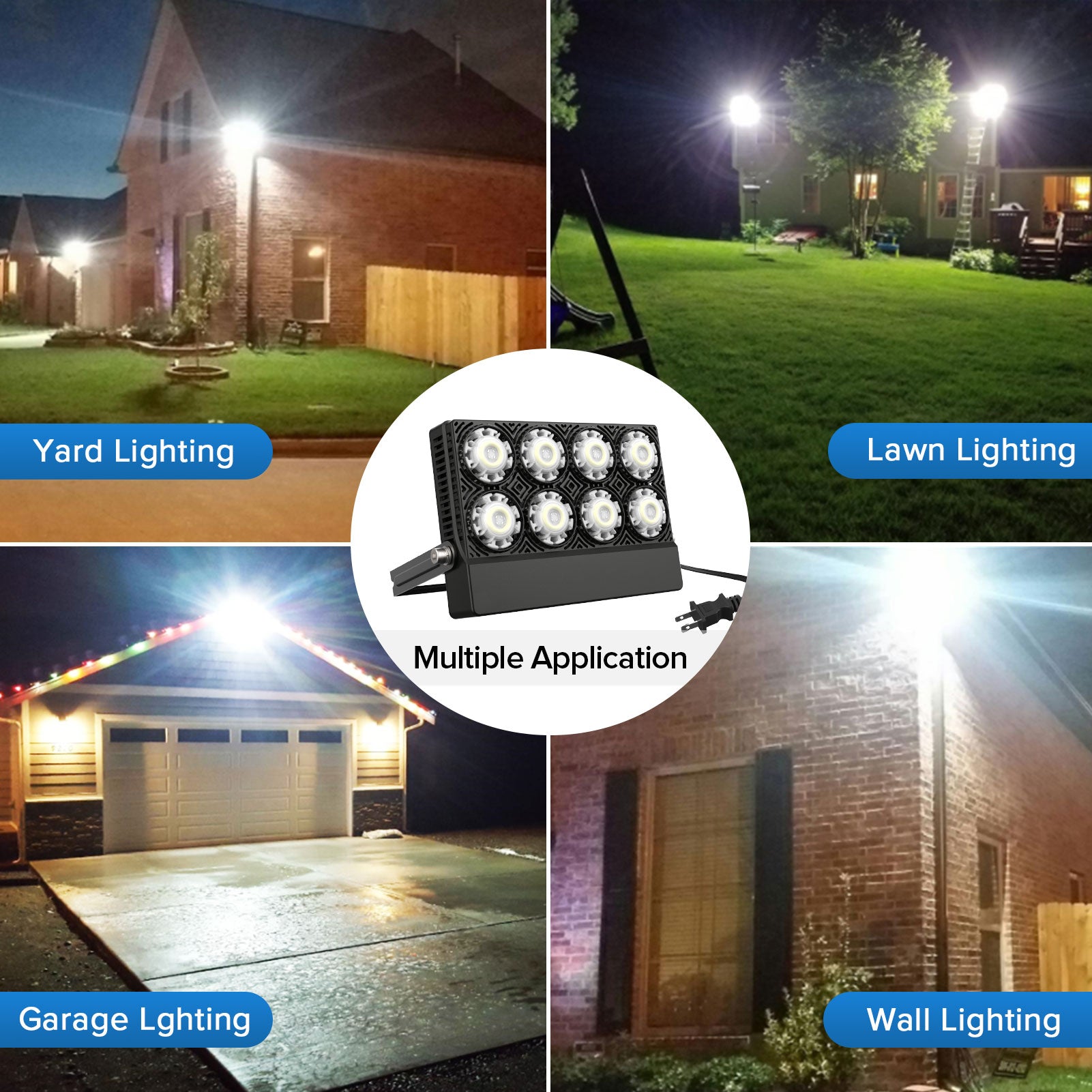 Multiple application for 50W LED Flood Light (US ONLY).Yard lighting，lawn lighting，garage lighting and wall lighting.