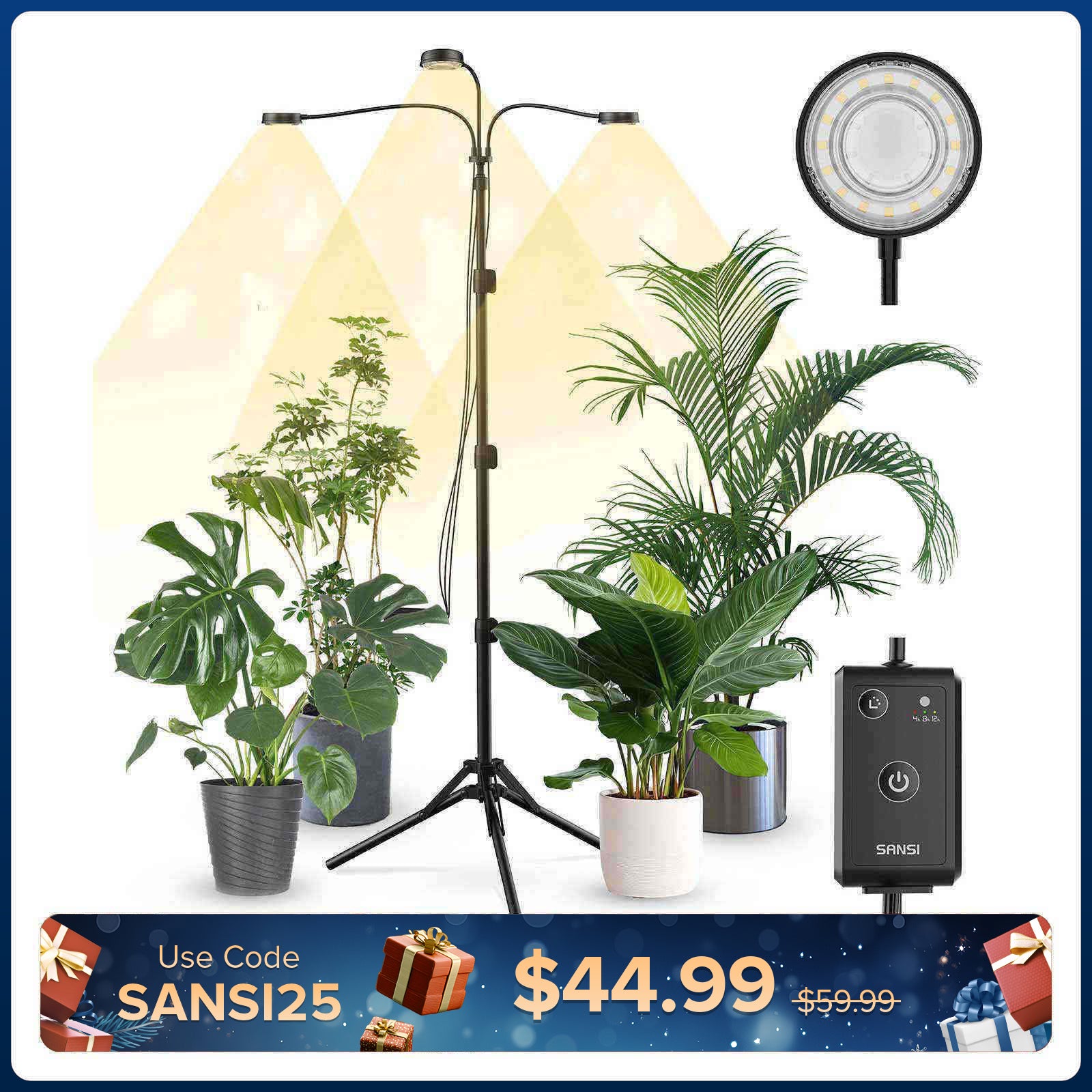 30 W Pflanzenlampe mit 3 verstellbaren Stativköpfen und Fernbedienung (NUR USA)