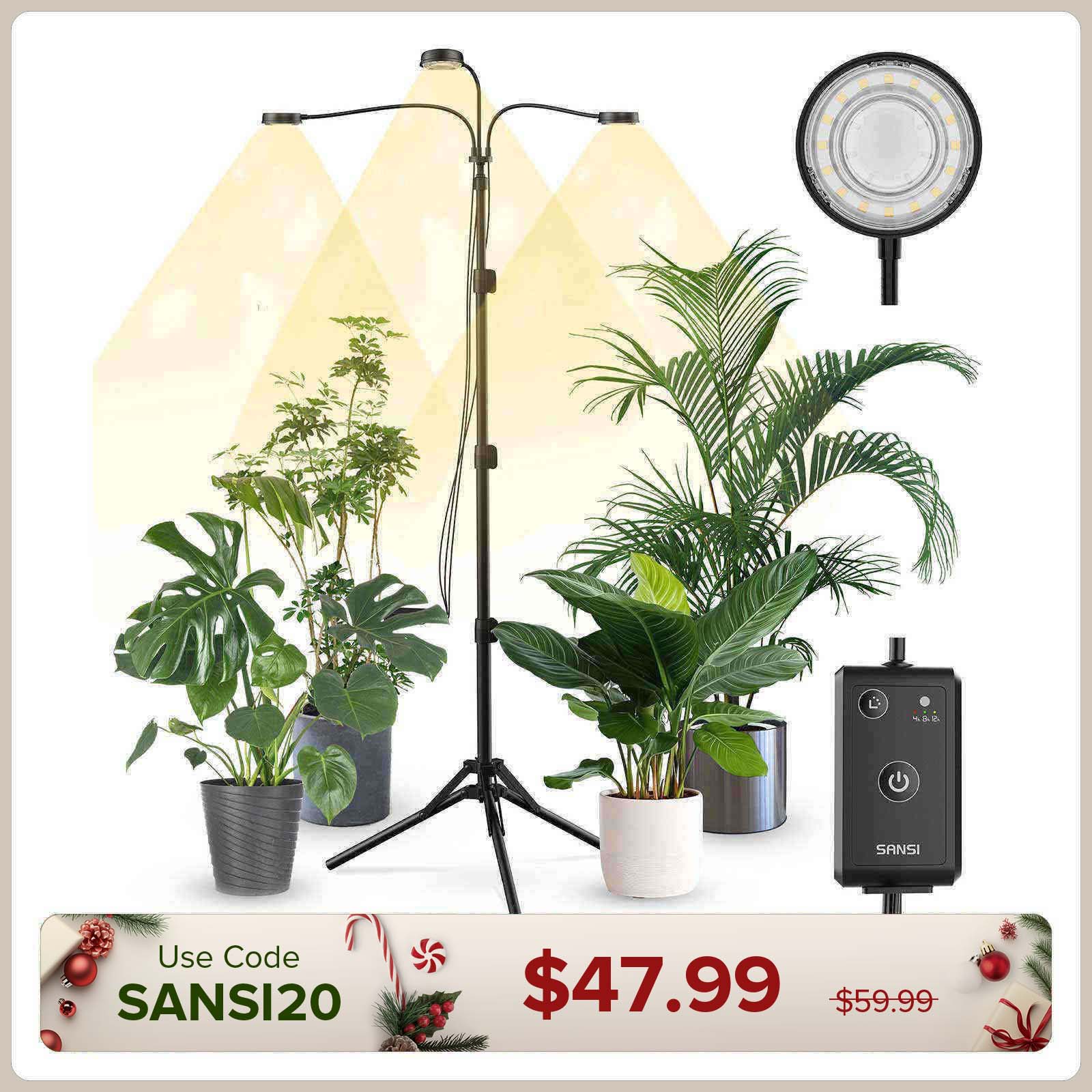SANSI 30W 3-Head Adjustable Tripod Stand Grow Light with Remote Control