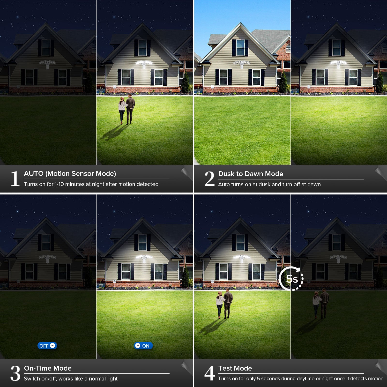 Upgraded 54W Led Security Light (Dusk to Dawn&Motion Sensor) has 4 modes, motion sensor mode, dusk to dawn mode, on-time mode and test mode