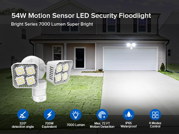 Bright Series 7000 Lumen Super Bright，54W Motion Sensor LED Security Floodlight，320° detection angle、Max. 72 FT Motion Detection、IP65 Waterproof and 4 Modes Control. 