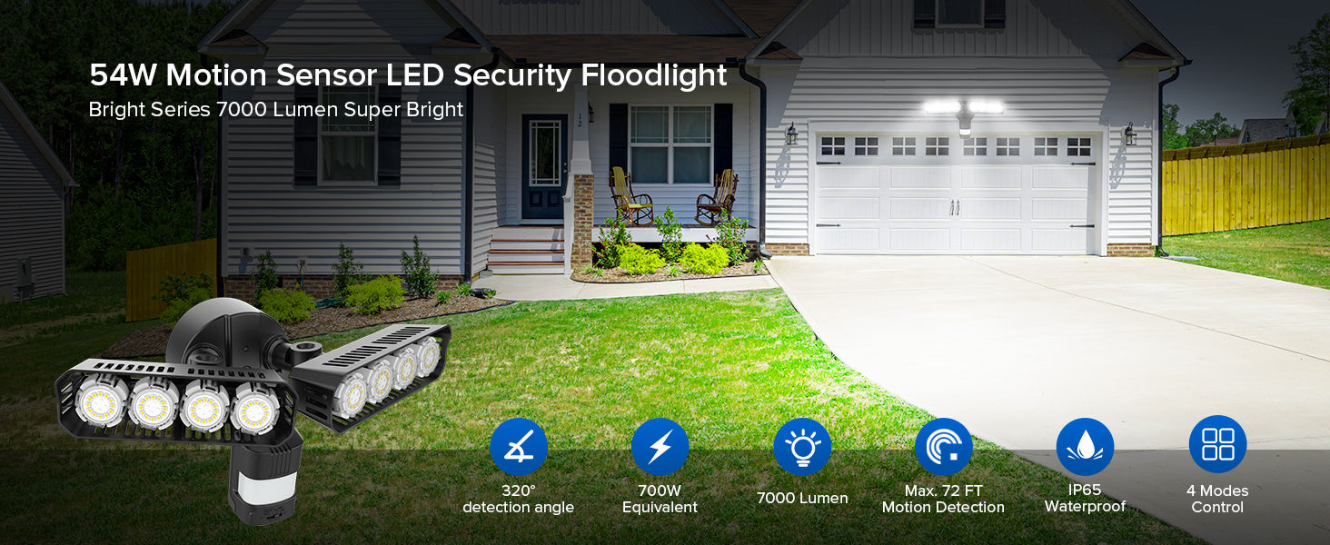 Bright Series 7000 Lumen Super Bright，54W Motion Sensor LED Security Floodlight，320° detection angle、Max. 72 FT Motion Detection、IP65 Waterproof and 4 Modes Control. 