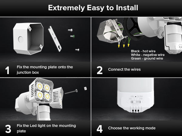 Extremely easy to install the security light：1.fix the mounting plate onto the junction box. 2.connect the wires. 3.fix the Led light on the mounting plate. 4.choose the working mode.