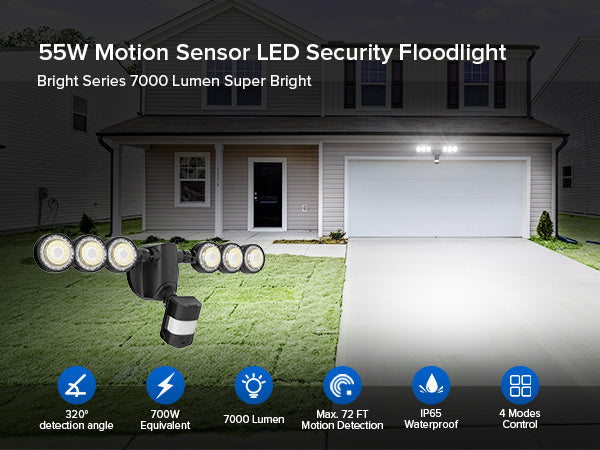 55W Motion Sensor LED Security Floodlight.Bright Series 7000 Lumen Super Bright,color black.