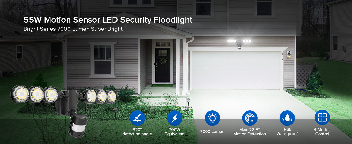 55W Motion Sensor LED Security Floodlight.Bright Series 7000 Lumen Super Bright,color black.