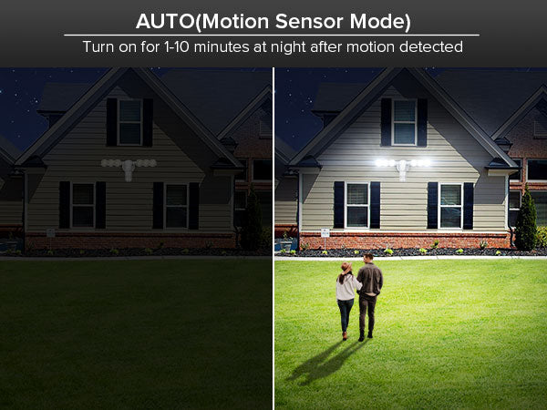 AUTO(Motion Sensor Mode): The security light will turn on for 1-10 minutes at night after motion detected.