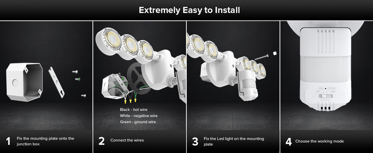 Extremely Easy to Install：1.Fix the mounting plate onto the junction box. 2.Connect the wires. 3.Fix the Led light on the mounting plate. 4.Choose the working mode.