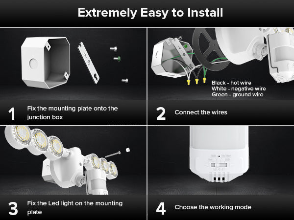 Extremely Easy to Install：1.Fix the mounting plate onto the junction box. 2.Connect the wires. 3.Fix the Led light on the mounting plate. 4.Choose the working mode.