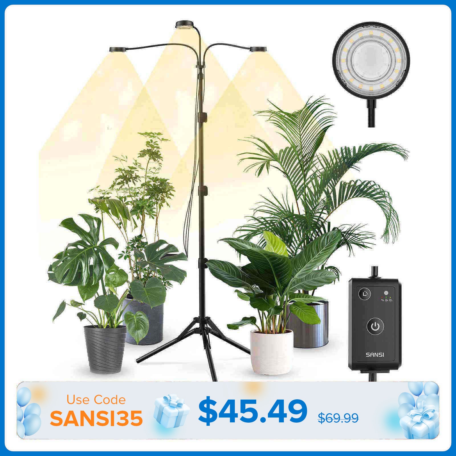 SANSI 30W 3-Head Adjustable Tripod Stand Grow Light with Remote Control
