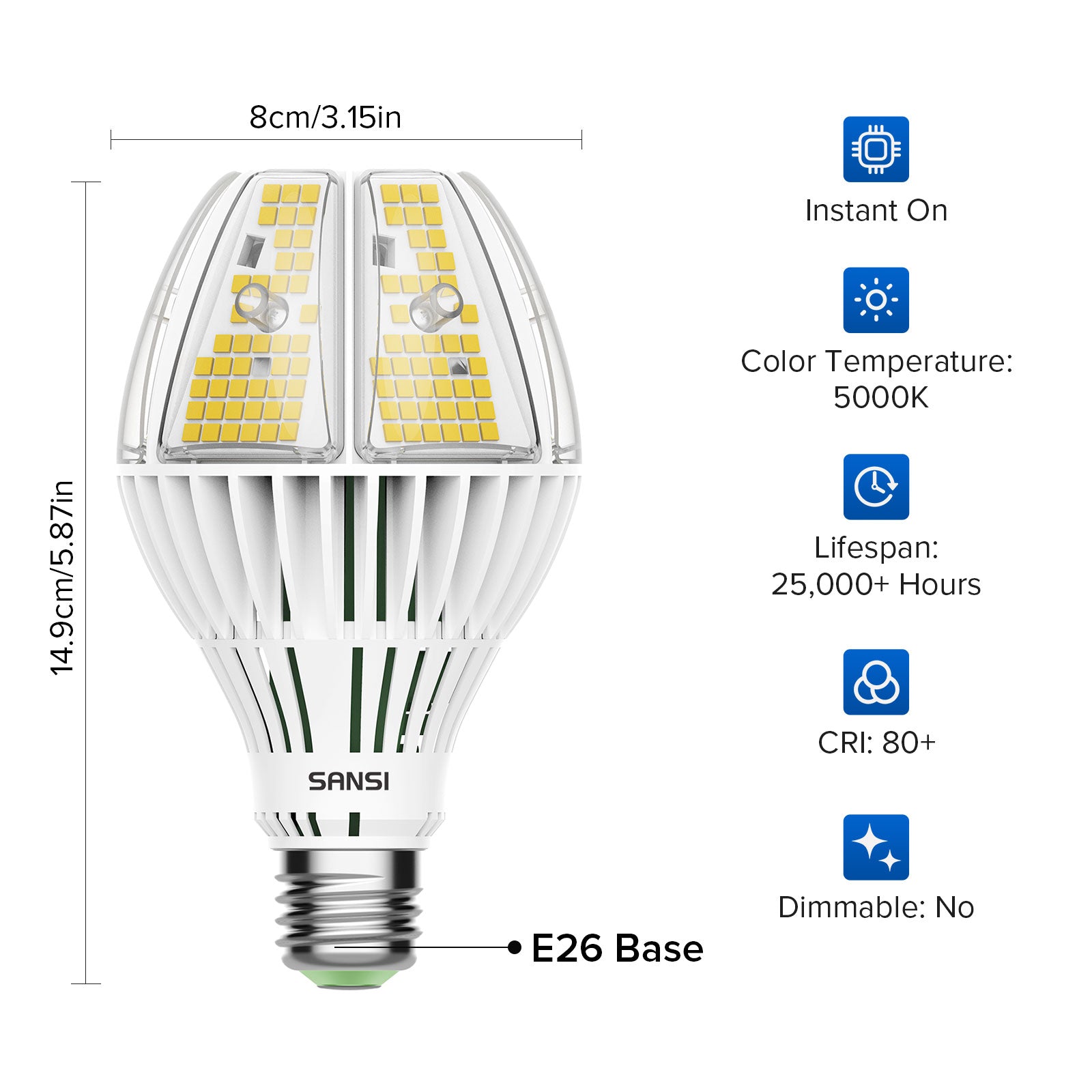 A21 60W LED 5000K Light Bulb (US ONLY) parameter information，5000K，25000+hours lifespans，CRI 80+,E26 base.