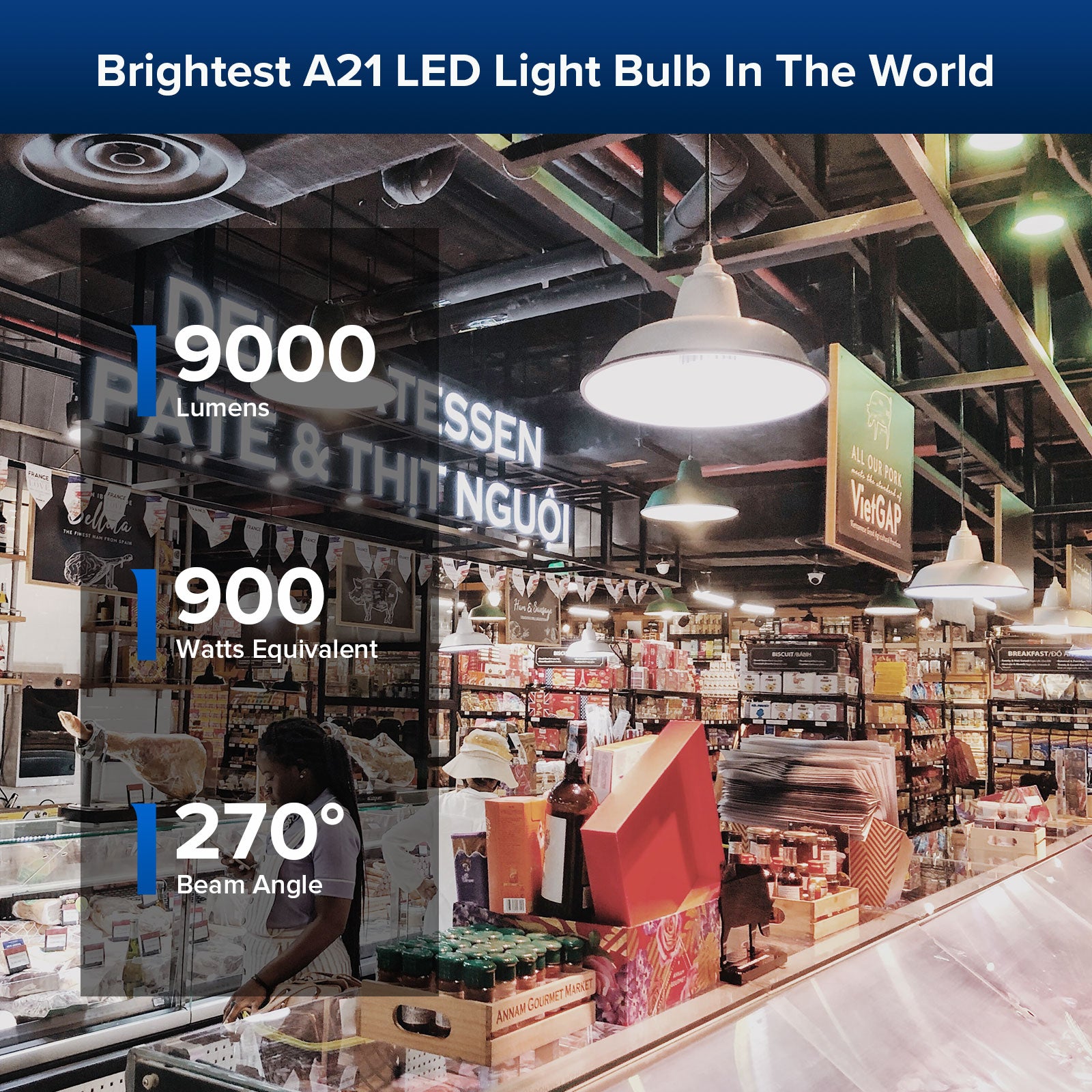 A21 60W LED 5000K Light Bulb (US ONLY)，brightest A21 LED Light Bulb In The World，9000lm，900W equivalent，270° beam angle.