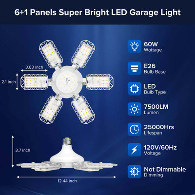 60W Adjustable Panels Garage Light, 6+1 panels super bright,  7500LM, 25000 hrs, 120V/60HZ, not dimmable