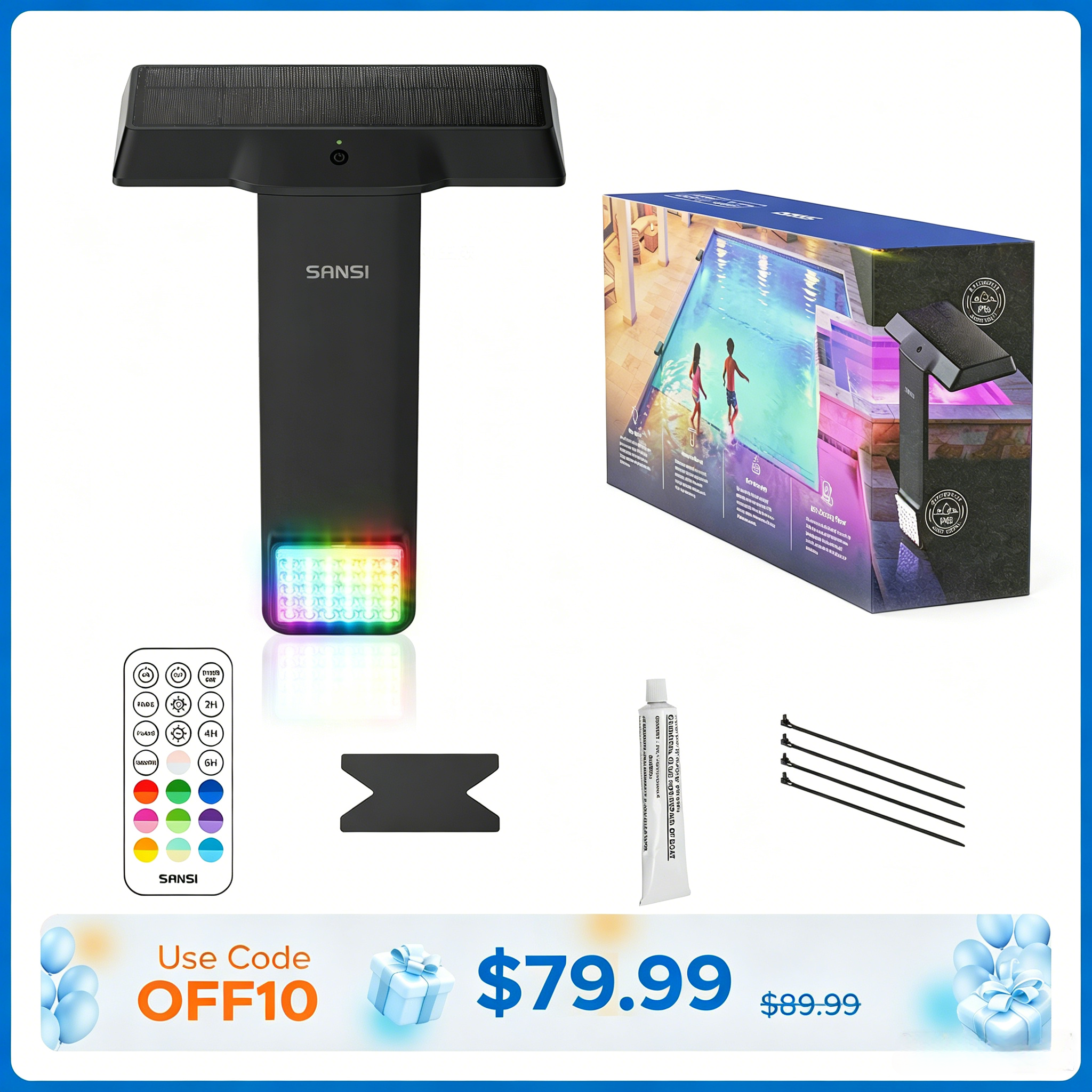 SANSI Solar RGB LED Pool Light with Remote Control