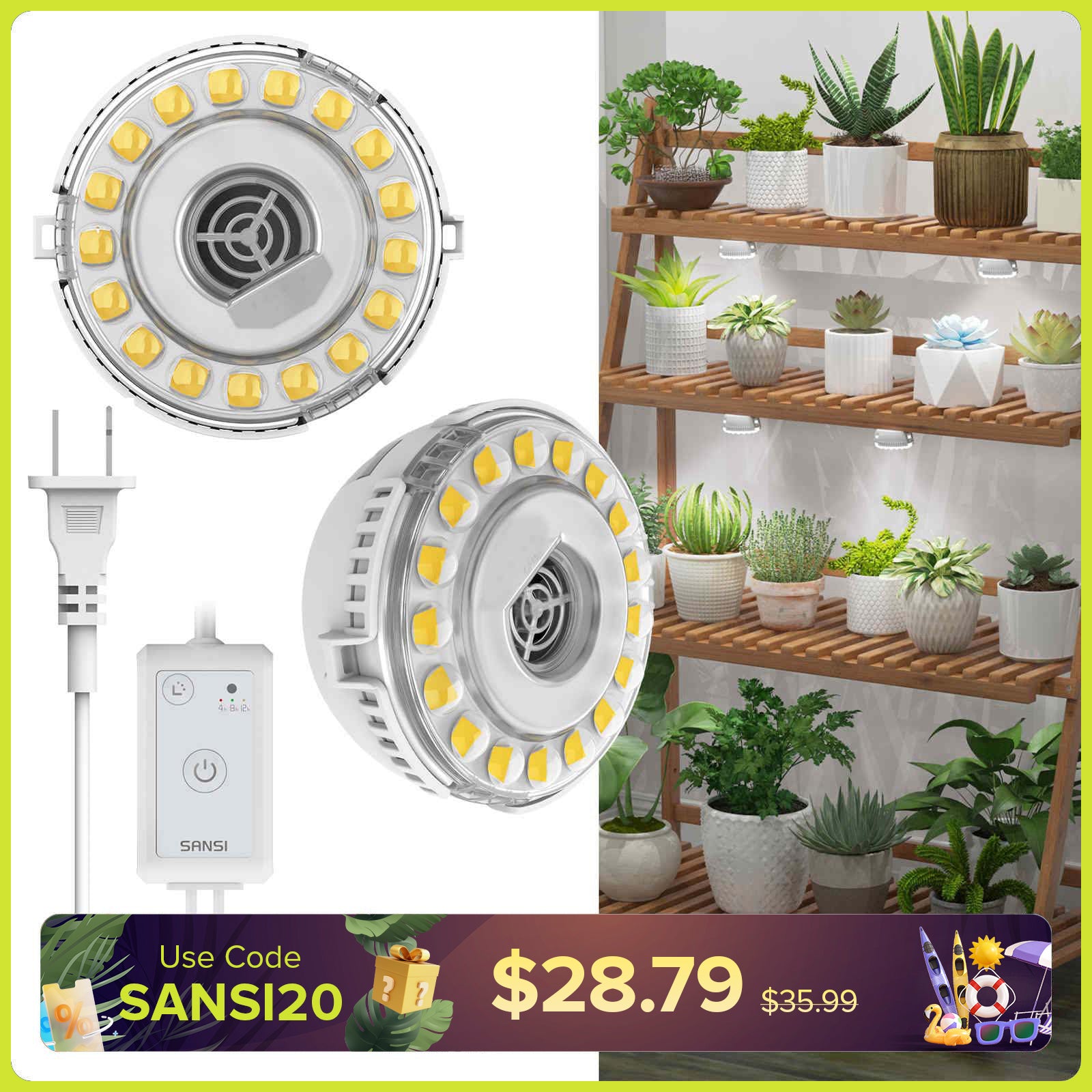 SANSI 10W LED Puck Grow Light With Timer & Dimmer