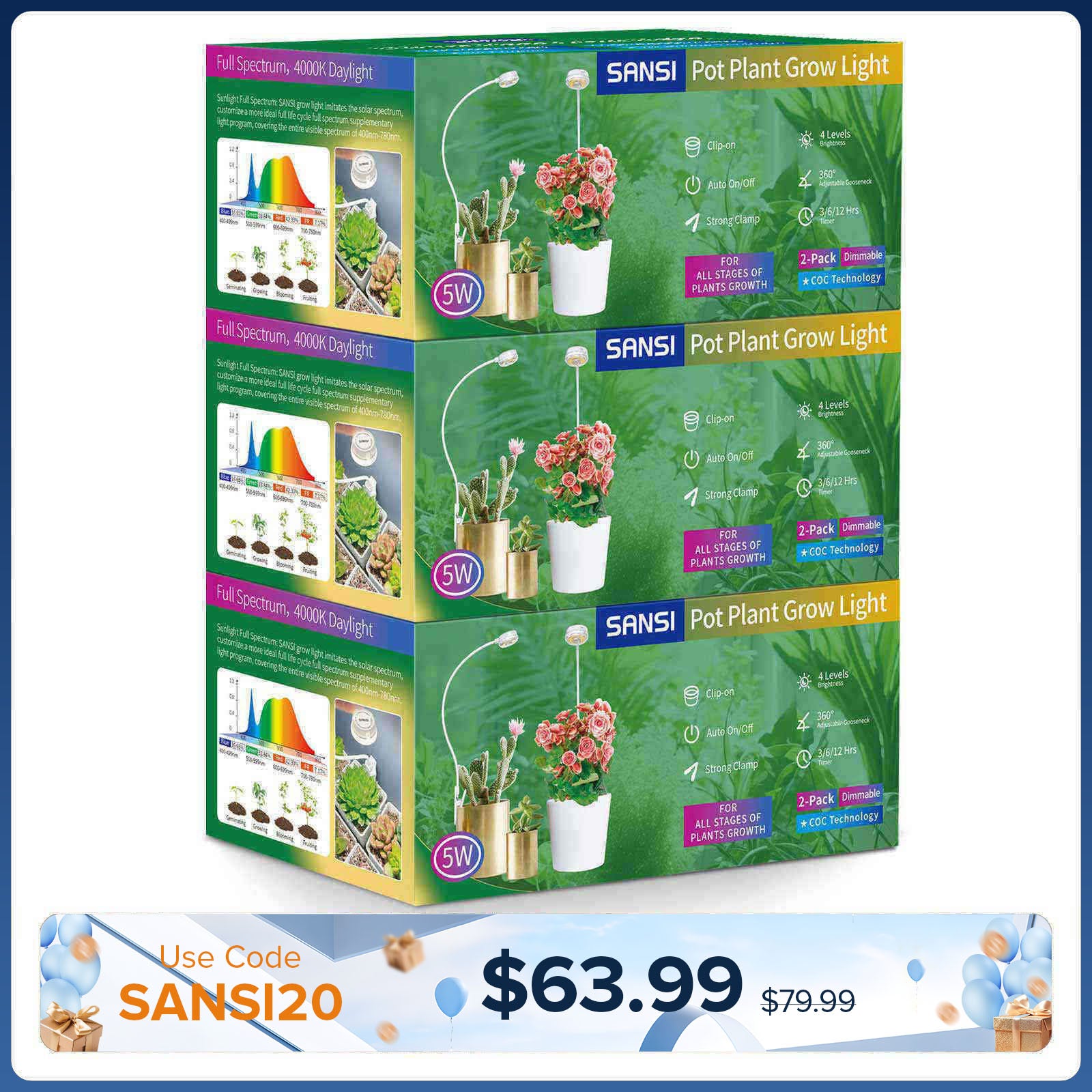 SANSI (Gift Packing) 5W Pot Clip LED Grow Light (US/CA ONLY)