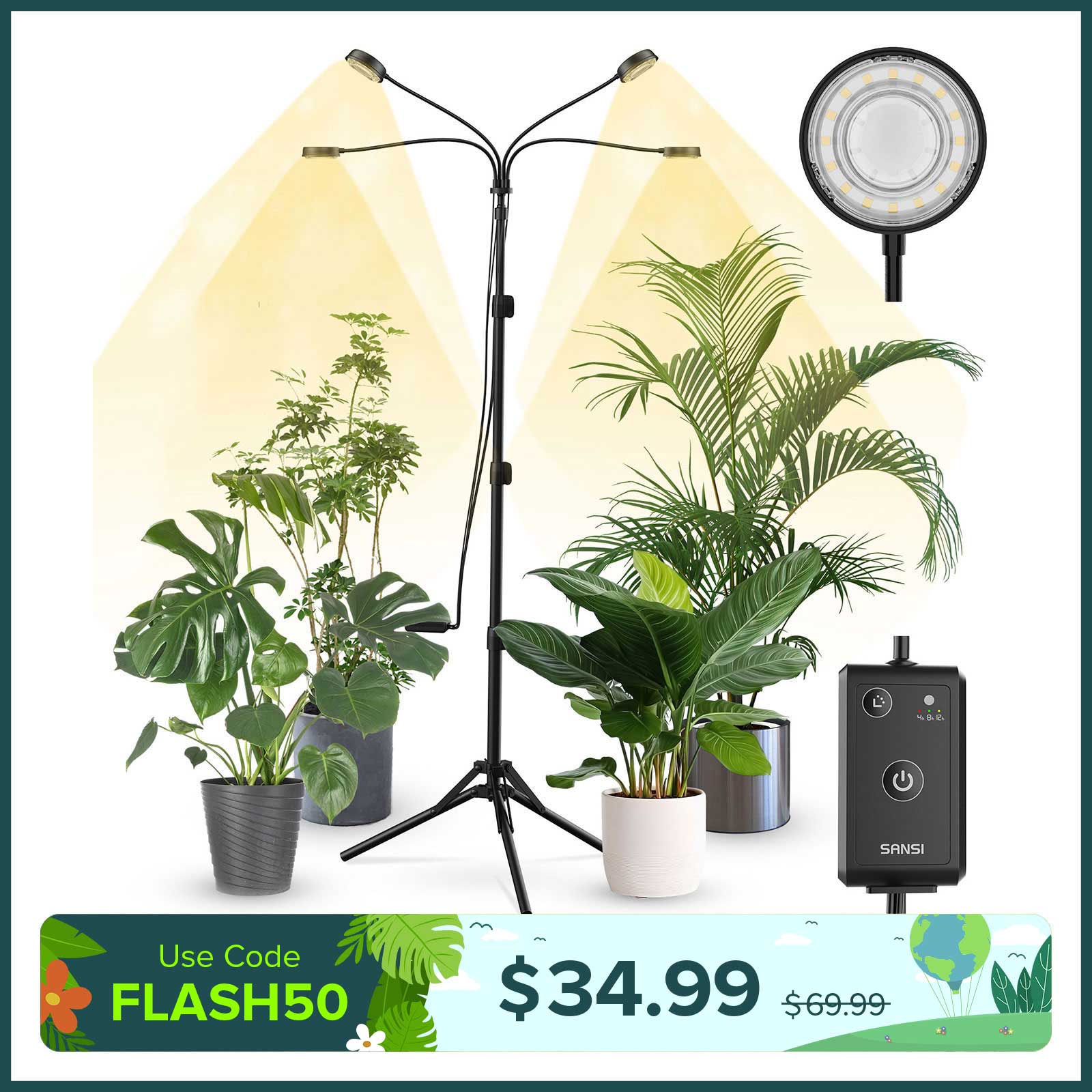 40W 4-Head Adjustable Tripod Stand Grow Light with Remote Control (US ONLY)