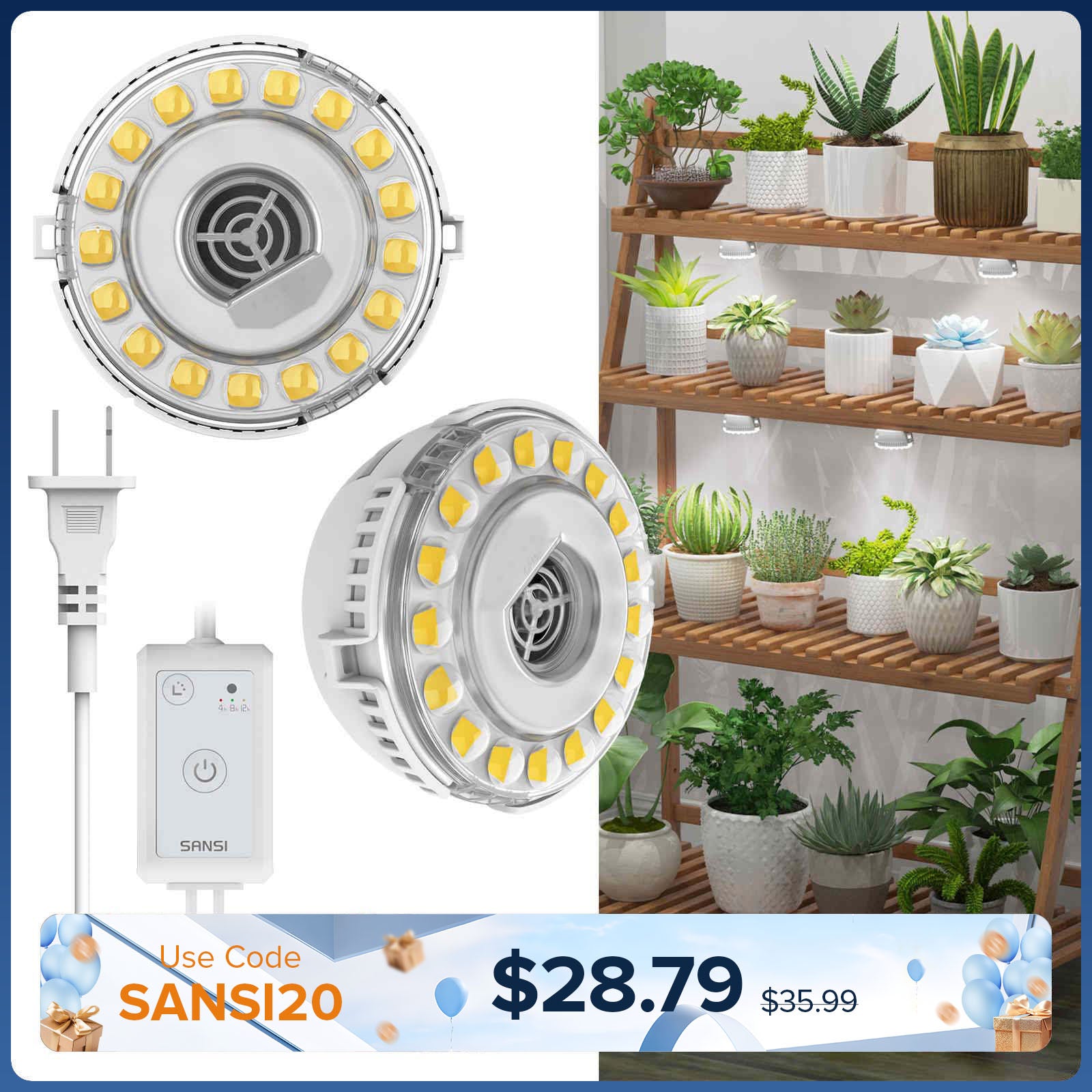 SANSI 10W LED Puck Pflanzenlampe mit Timer und Dimmer