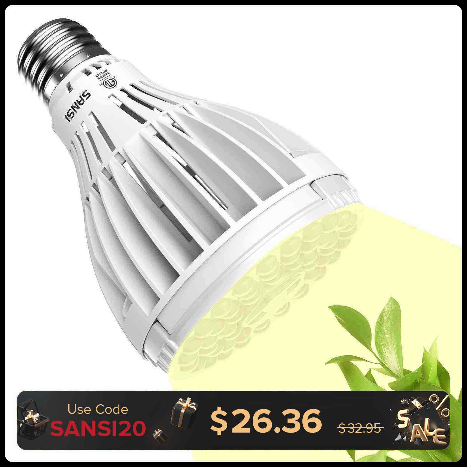 SANSI 30W LED Grow Light Bulb - PAR25 Full Spectrum, 250W Equivalent, 4000K Daylight, E26 Base For Indoor Plants