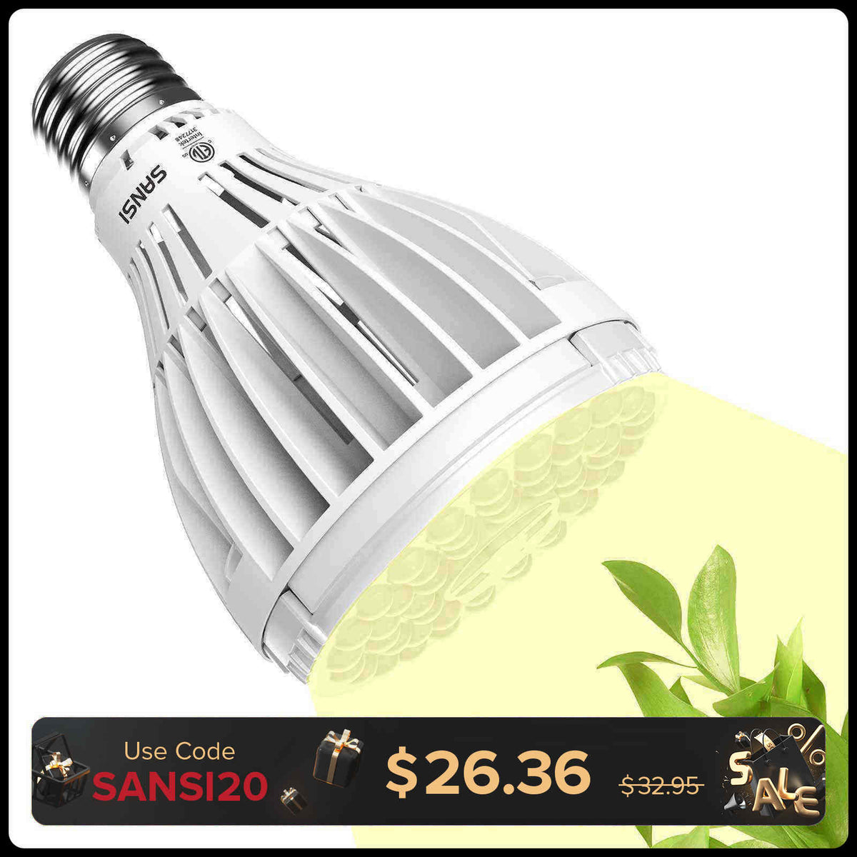 SANSI 30W LED Grow Light Bulb - PAR25 Full Spectrum, 250W Equivalent, 4000K Daylight, E26 Base For Indoor Plants